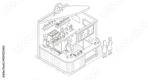 Isometric illustration of a coffee shop with customers and barista