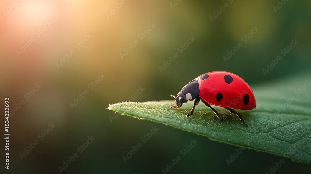 Fototapeta premium A close-up of a ladybug perched on a green leaf under soft sunlight.