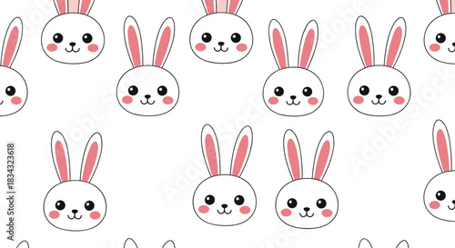 Cute seamless vector pattern featuring adorable kawaii bunny faces with pink ears and rosy cheeks, ideal for children's designs, Easter backgrounds, and charming baby textile prints