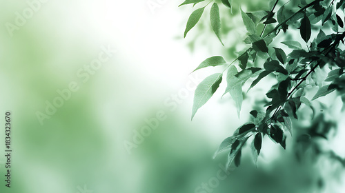Close up nature shot of fresh green leaves on a branch against a bright soft focus blurred green background providing ample copy space for environmental concepts.
