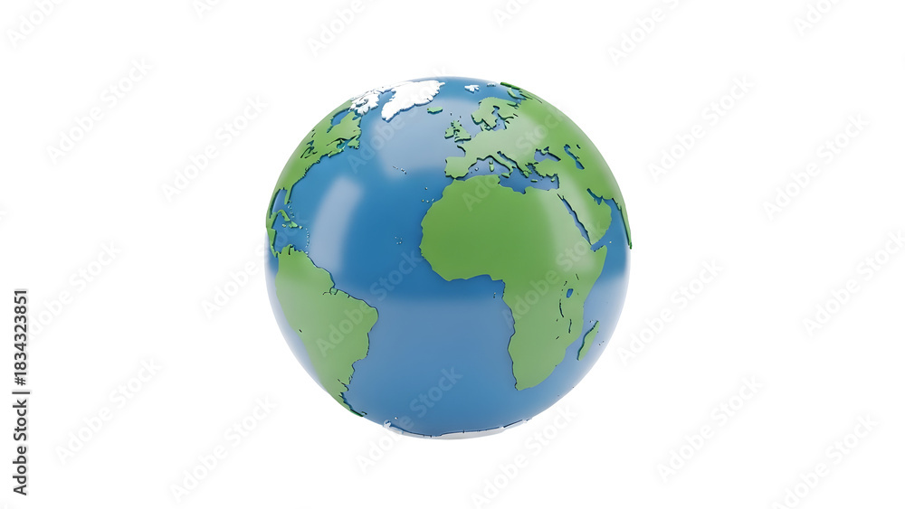 Fototapeta premium 3D globe showing continents in green and oceans in blue — perfect for global, international, world maps, geography, travel, environment, global services, or location-based features.