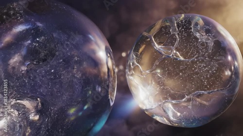Abstract slow motion movement of multiple large translucent gelatinous spheres slowly floating and drifting through deep atmospheric haze organic, underwater feeling, minimal
