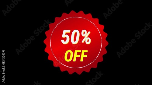 A vibrant red starburst seal advertising a 50% off discount video, isolated on a solid black background. Icon motiongraphic transparent video