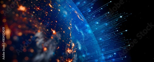 Abstract glowing blue and orange particles on black background