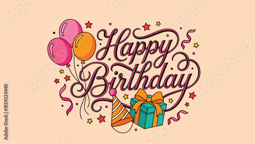 Colorful Happy Birthday Illustration with Balloons and Gifts.
