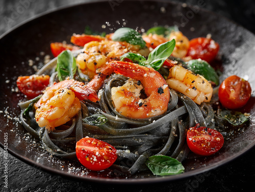A delectable shrimp pasta entree arranged in a dark-colored bowl, adorned with cherry tomatoes and fresh basil leaves. 