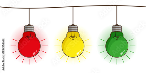 A set of bright cartoon-style light bulbs in traffic light colors, symbolizing ideas, inspiration and creativity. Suitable for presentations, banners, educational projects, apps, web design and book 