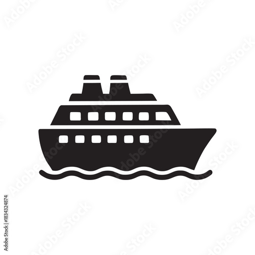 Cruise ship icon black and white vector illustration of passenger boat on sea waves transport symbol