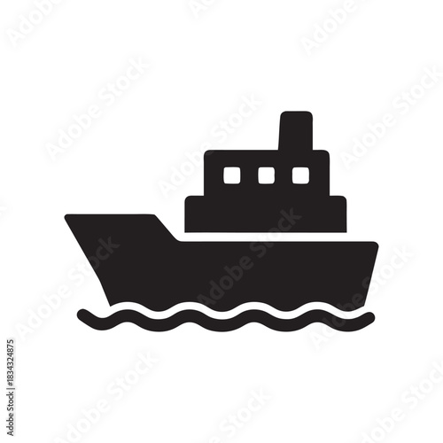 Cargo ship icon black and white vector transport symbol of boat on sea waves isolated on white background