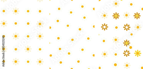 Delicate and charming seamless vector pattern featuring small white and golden daisy flowers scattered randomly, creating a natural, subtle, and calming botanical background