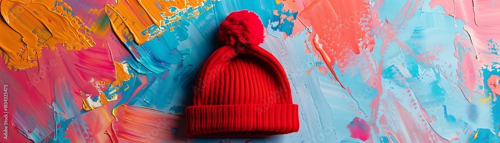 Naklejka premium Vividly colored knitted winter hat rests upon a brightly textured abstract painting surface