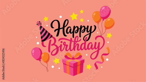 Colorful Happy Birthday Celebration with Balloons and Gift Box.