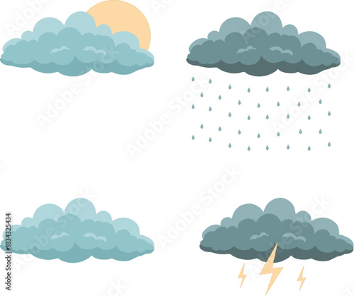 cloud illustration of various weather conditions sunny, rainy, cloudy