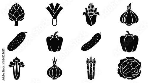 Assorted Vegetable Icons Black and White Keywords: vegetables, produce, food, healthy eating