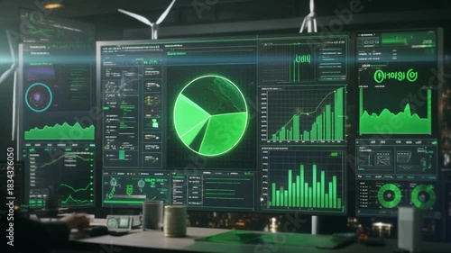 Multiple computer monitors displaying financial charts and data in a dark room technology finance