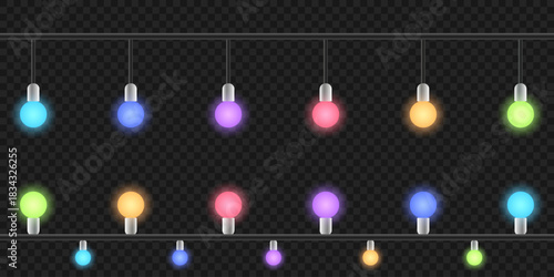 Colorful festoon string lights glowing against dusk sky. Outdoor party, event, or garden decoration. Festive atmosphere.