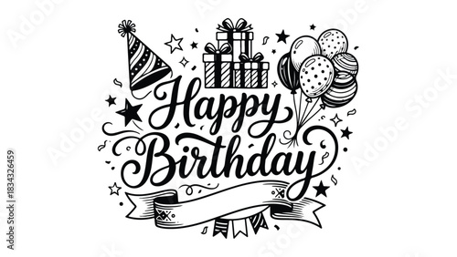 Happy Birthday Celebration with Party Decorations and Festive Elements.