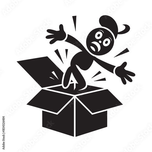 Surprised stick figure bursts out of an open cardboard box