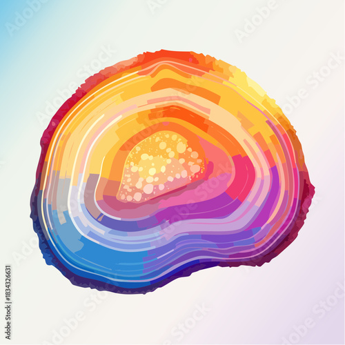Abstract Colorful Geode Slice With Vibrant Rings Of Pink Orange Yellow Purple Blue And White Hues Against A Soft Gradient Background Detailed Macro View Of Crystal Texture And Layered Structure