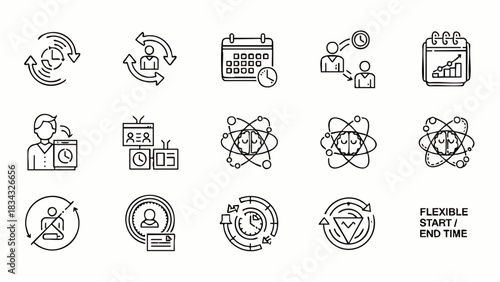 A collection of line icons representing various concepts such as time management, scheduling, teamwork, and flexible work arrangements, suitable for infographics.