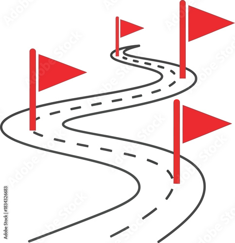 Winding road marked with red flags symbolizes journey, progress, and achieving goals.