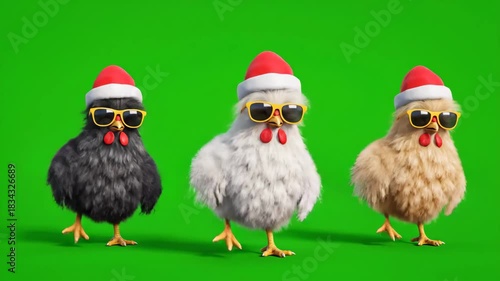 Dancing Cartoon Chickens with Santa Hats - This 3D animated video shows three funny chickens wearing Santa hats and sunglasses, dancing in a loop.