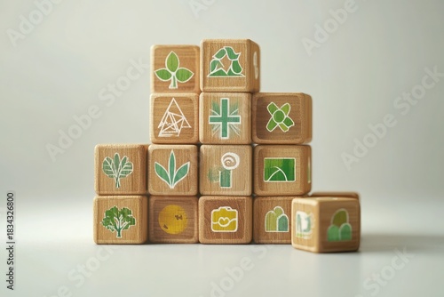 Hand building sustainable digital growth with eco technology wooden blocks.