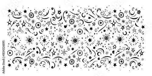 Hand drawn celestial elements stars moons suns and swirls in black and white