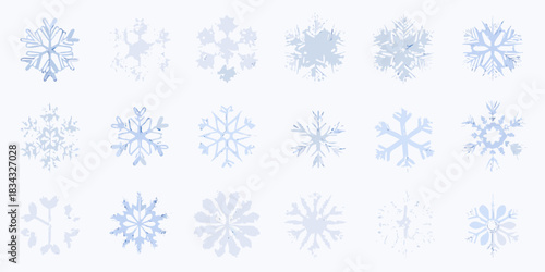 Collection of light blue snowflakes on white background for winter season
