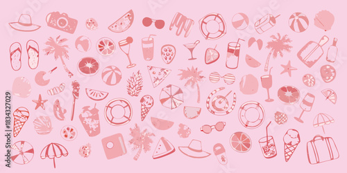 Summer vacation pink pattern with beach items and tropical elements