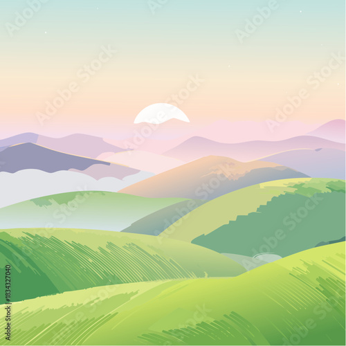 Serene Rolling Hills Landscape at Sunrise with Soft Pastel Hues and Gentle Sunlight Illuminating Green Gradients