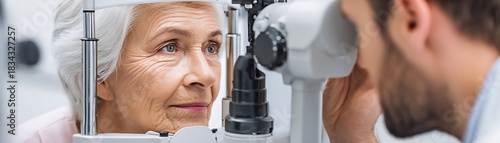 Older female patient undergoes detailed vision examination using specialized ophthalmic equipment