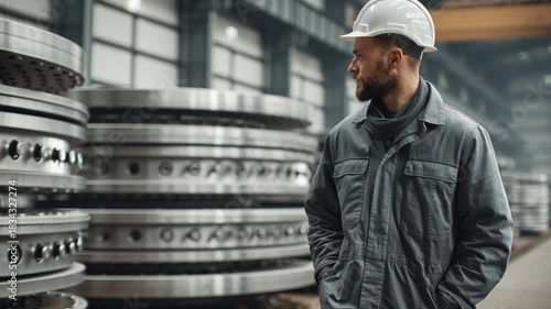 Worker in industrial area observes machines in factory