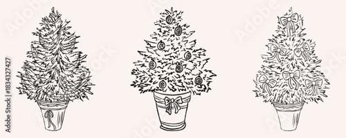 A Christmas tree in pot decorated with fancy bows and baubles. Vintage sketch of traditional Xmas tree for holiday market or invitation to festive dinner, poster or card. Crayon vector illustration.
