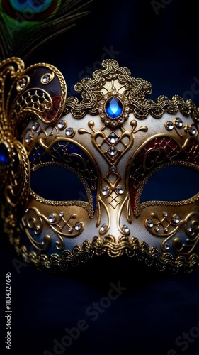 Elegant venetian mask with intricate gold detailing and peacock feathers on dark background