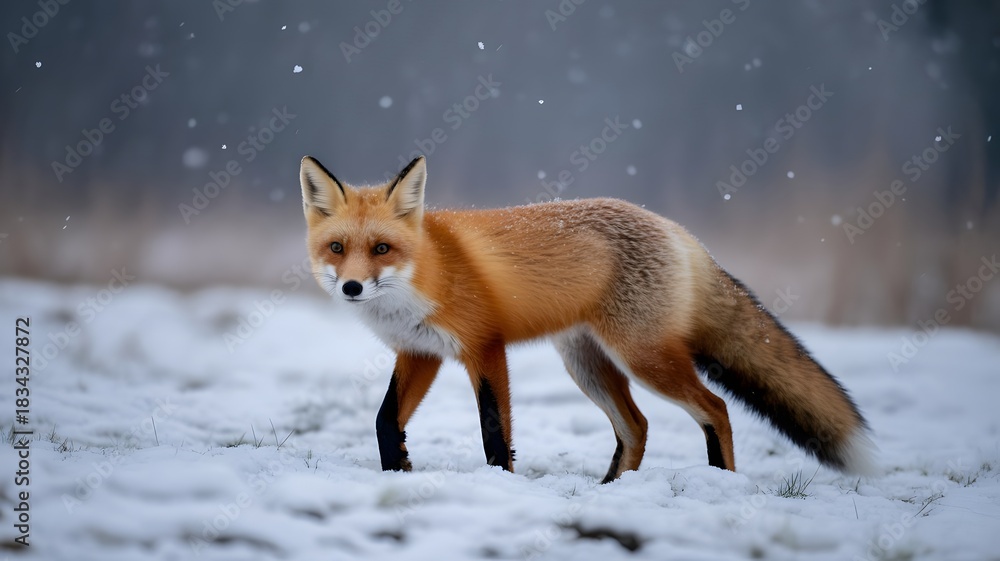 Obraz premium A beautiful red fox with a bushy tail stands in a snowy winter landscape as snowflakes fall.