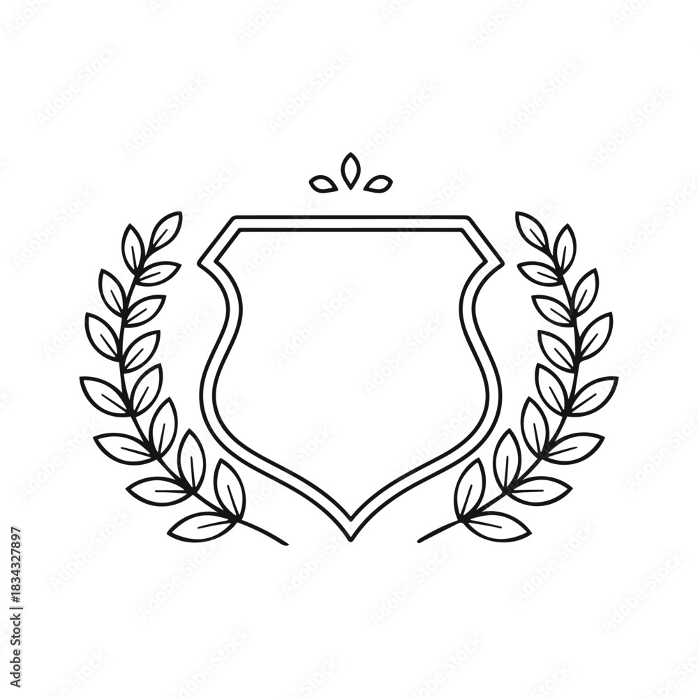 Obraz premium Black outline shield emblem with laurel wreath and leaves crest award