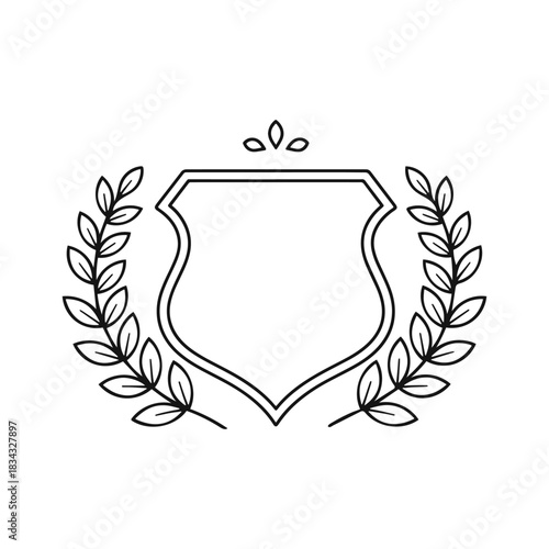 Black outline shield emblem with laurel wreath and leaves crest award
