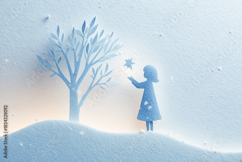 A soft winter illustration in paper-cut style featuring a girl reaching toward a glowing star beside a tree, set against a snowy textured background with gentle lighting and serene atmosphere. 