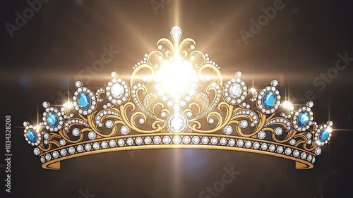 Sparkling Gold Tiara with Blue and White Gemstones on Dark Background.