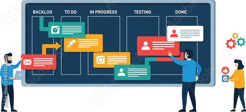 Team collaborates on a digital project board, visualizing workflow and progress