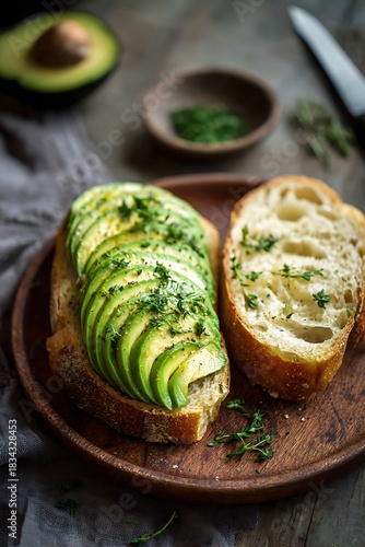 Sliced fresh avocado arranged neatly atop toasted bread served on a rustic wooden platter