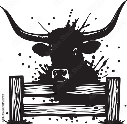  longhorn bull head peeking over wooden fence with splashes cattle animal silhouette vector