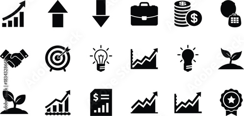 Set of black business and finance icons depicting growth success and financial concepts