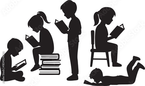  Silhouette illustration of children reading books in different poses Kids sitting on floor, sitting on stacked books, standing while reading, sitting on a chair, and lying on stomach with a book