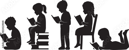 Silhouette illustration of children reading books in different poses Kids sitting on floor, sitting on stacked books, standing while reading, sitting on a chair, and lying on stomach with a book
