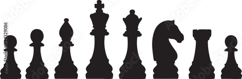 Silhouette of a complete set of chess pieces arranged in a line on a white background