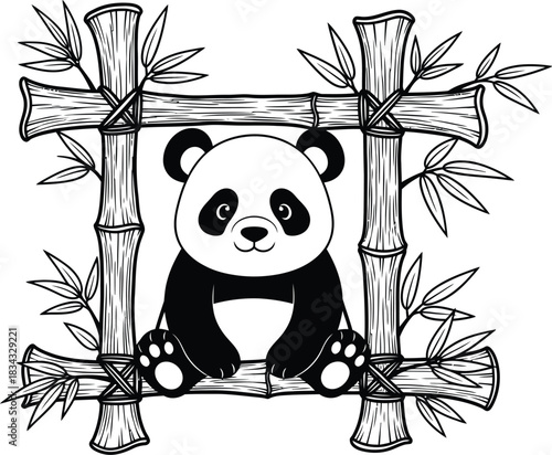 Cute cartoon panda peeking through a bamboo frame