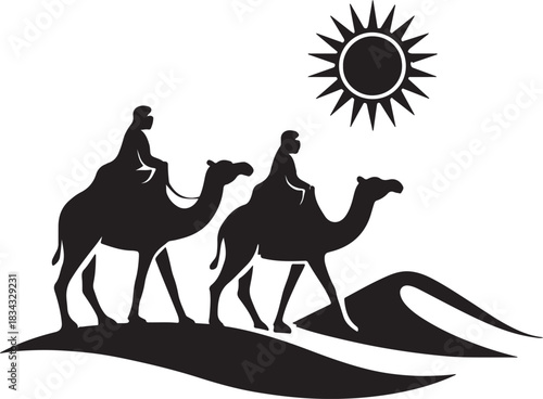 Two camels journey across desert dunes under a bright sun, symbolizing travel and adventure silhouette vector on a white backgraound