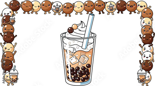 Cute bubble tea characters frame a refreshing drink with whipped cream and boba pearls.